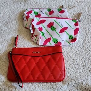 NINE WEST Red Quilted Wristlet with Two CLINIQUE Floral Cosmetic Pouches BUNDLE